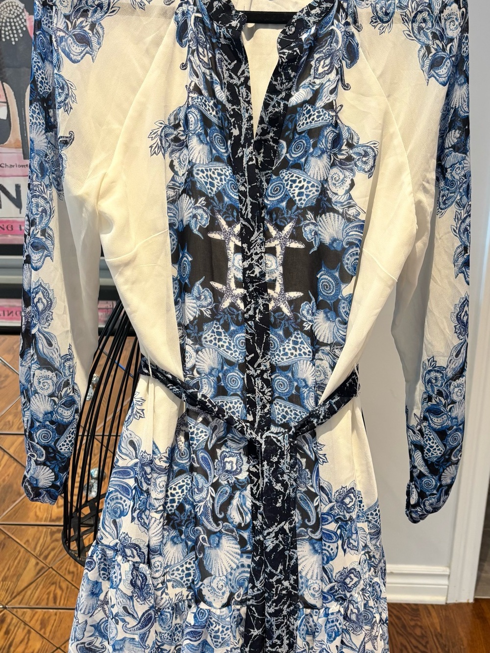 Women’s Blue & White Floral Belted Long Sleeve Dress